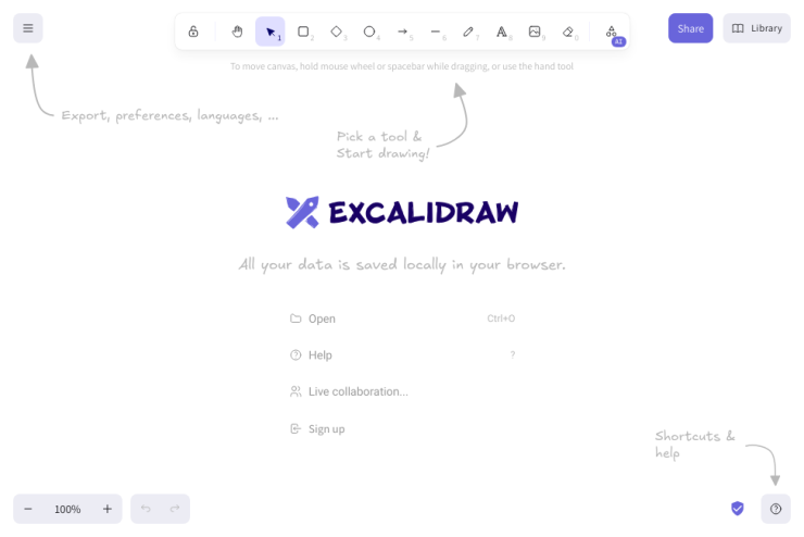 Uma lousa virtual de código aberto que permite desenhar e colaborar de forma simples e intuitiva