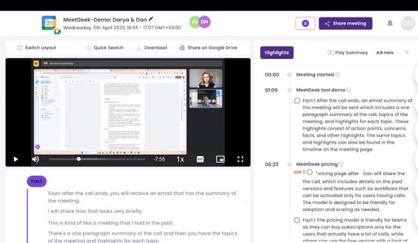 Gravação e transcrição automática de reuniões pelo MeetGeek