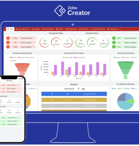 Interface do Zoho Creator mostrando ferramentas para criar aplicativos no-code.