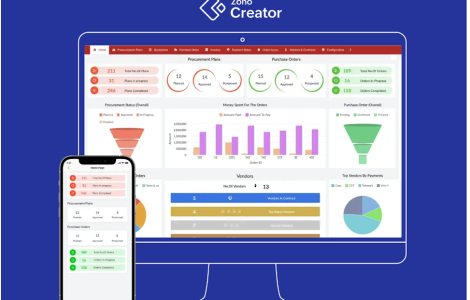 Interface do Zoho Creator mostrando ferramentas para criar aplicativos no-code.