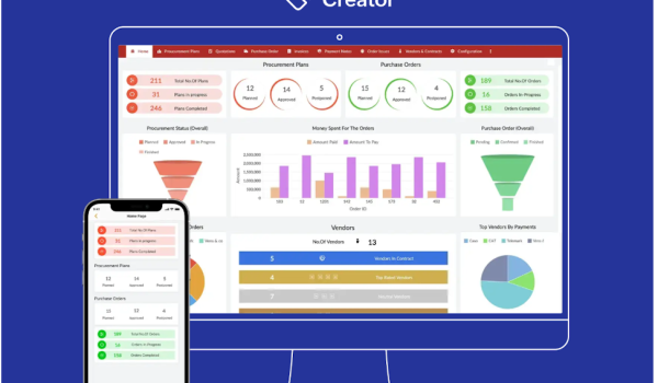 Interface do Zoho Creator mostrando ferramentas para criar aplicativos no-code.
