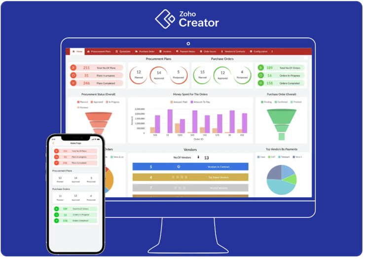 Interface do Zoho Creator mostrando ferramentas para criar aplicativos no-code.